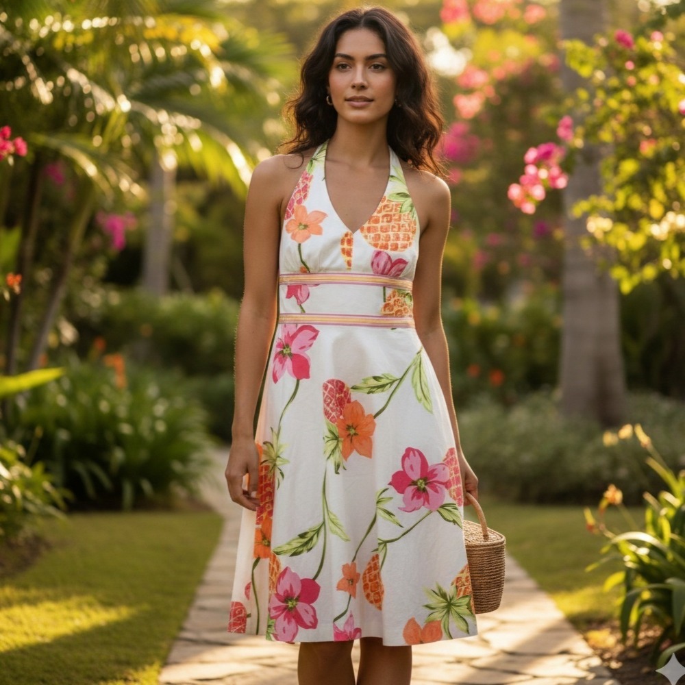 Donna Ricco Halter Sun Dress Floral Pineapple Summer Beach Tropical Women's 6 - Picture 2 of 10